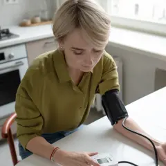 Kobieta mierzy ciśnienie, szukając sposobów, jak naturalnie obniżyć ciśnienie.
