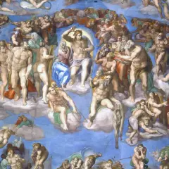 Die Sixtinische Kapelle, ein Meisterwerk, das an Leonardo da Vinci erinnert, zeigt eine Himmelsvision mit vielen Figuren.