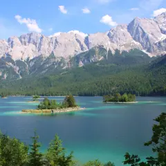 Turquoise lake with islands dotted with trees, framed by a dense green forest and majestic, snow-capped mountains. A quintessential view of the Bavarian countryside.