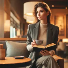 Elegancka kobieta w kawiarni, z kubkiem kawy i książką. Czy to znaczy, że jest singielką? Czas na relaks.