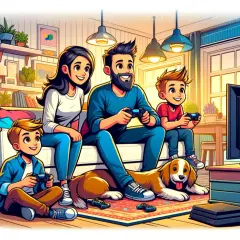 Rodzina gra w gry na PS4. Nawet najmłodszy gracz, mający 3 lata, świetnie się bawi, odkrywając ps4 gry dla dzieci.