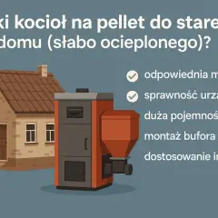 Jaki piec do domu 100m2 stare budownictwo? Ilustracja przedstawia kocioł na pellet i dom, sugerując wybór odpowiedniego ogrzewania.