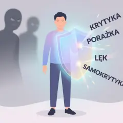 Mężczyzna z tarczą chroni się przed cieniami symbolizującymi krytykę, porażkę, lęk i samokrytykę. Brak cierpliwości w walce z nimi.