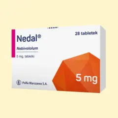 Opakowanie leku Nedal 5 mg, zawierającego nebivololum. Pomaga w leczeniu nadciśnienia, nie na nerwicę.