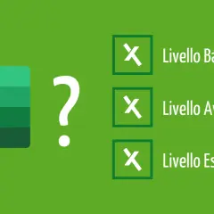 Logo Excel con punto interrogativo e opzioni: Base, Avanzato, Esperto. Test Excel avanzato con soluzioni.