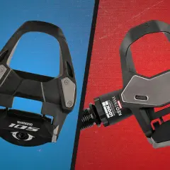 Comparing LOOK vs Shimano pedals: A close-up of a black Shimano 105 pedal on the left and a black LOOK KEO 2 MAX pedal on the right.