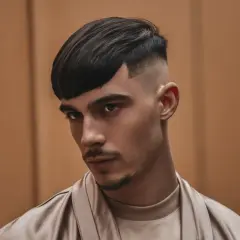 Un jeune homme au regard intense arbore une coupe de cheveux audacieuse : un dégradé haut homme avec une frange asymétrique.