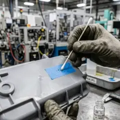 Guanto con cotton fioc applica solvente su nastro blu per rimuovere vernice dalla plastica.