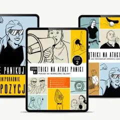 Grafiki na ekranach tabletów promują poradniki o radzeniu sobie z częste ataki paniki. Widać rysunki kobiet, ćwiczących, pijących i z megafonem.