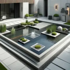 Un paisible pièce d'eau moderne avec des jets d'eau, des îlots végétaux et une sphère blanche, entouré de dalles grises et de verdure.