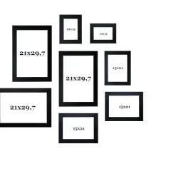 Kolekcja czarnych ram na zdjęcia: trzy 21x29,7, trzy 15x21 i dwa 10x15.