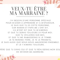 Texte d'une demande de marraine : "Veux-tu être ma marraine ?" avec des promesses d'amour et de jeux.