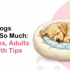 A golden puppy sleeps soundly in a plush bed, illustrating why dogs sleep so much. Text reads "Why Dogs Sleep So Much: Puppies, Adults & Health Tips.