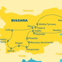 Mapa Bułgarii z zaznaczonymi atrakcjami: Sofia, Monastyr Rylski, Melnik, Płowdiw, Pamporowo, Warna, Nesebyr i inne.