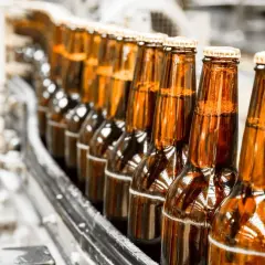 Rząd brązowych butelek piwa na linii produkcyjnej. Zastanawiasz się, ile kosztuje krata piwa?