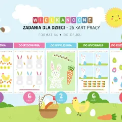 Wielkanocne karty pracy dla dzieci: liczenie, rysowanie, wyklejanie, wycinanie i rozwiązywanie zadań. Króliczki, kurki i pisanki.