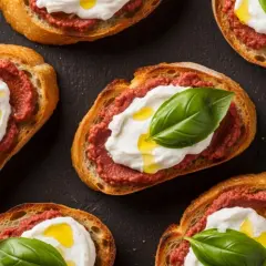 Chrupiące grzanki z kremowym serem, pikantną pastą (może nduja?) i świeżą bazylią. Pyszne, prawda?