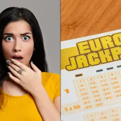 Zaskoczona kobieta obok kuponu Eurojackpot.
