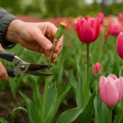 Ręce przycinają sekatorami łodygę z nasionami tulipanów po przekwitnięciu. W tle kwitnące, różowe tulipany.
