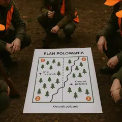Myśliwi omawiają plan polowania, gdzie mogą polować. Mapa pokazuje teren z drzewami i kierunek pędzenia.