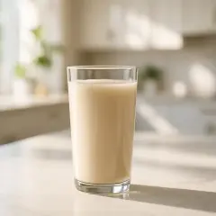 Un bicchiere di bevanda cremosa, ideale per integrare proteine isolate o concentrate, su un tavolo in cucina.