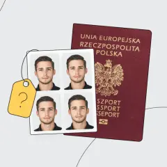 Polski paszport i cztery zdjęcia do dokumentów z żółtą metką i znakiem zapytania.