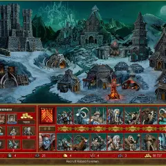 Nowy zamek Heroes 3 w zimowej scenerii. Widać budynki, wojska i zasoby.