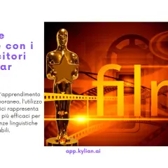 Statua dorata dell'Oscar con pellicola cinematografica e la parola "film". Impara l'inglese con film in inglese con sottotitoli in italiano.