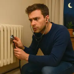 Uomo con stetoscopio ascolta un termosifone spento, preoccupato per il rumore dell'acqua.