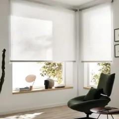 Moderne Sichtschutz-Fenster-Innen-Ideen: Helle Rollos mit dezentem Muster schaffen Privatsphäre und lassen Licht herein. Ein grüner Sessel lädt zum Entspannen ein.
