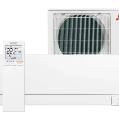 Klimatyzacja 2.5 kW Mitsubishi Electric, idealna na ok. 25-35 m². Biała jednostka wewnętrzna i zewnętrzna z pilotem.