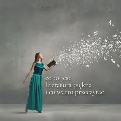 Dziewczyna w sukni wypuszcza z książki litery, tworząc wir słów. To inspiracja do odkrywania literatury pięknej.