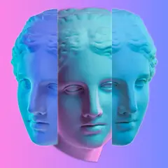 Fragmentos de una escultura griega clásica, iluminados con degradados de azul y rosa, creando un efecto etéreo y moderno.