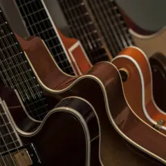 Rząd gitar z drewna, w tym 12-strunowa, świadczy o kunszcie francuskiego producenta gitar.