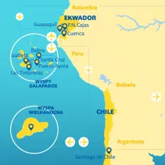 Mapa Ekwadoru i wysp Galapagos, z zaznaczonymi lotniskami i trasami podróży. Planujesz galapagos wycieczka?