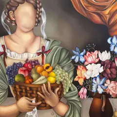A faceless figure holds a basket of fruit, a vibrant bouquet beside them. This artwork showcases the talent of up and coming artists.