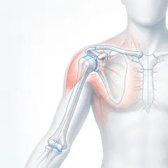Schulteransicht mit Knochen und Muskeln, der musculus deltoideus ist rot hervorgehoben.