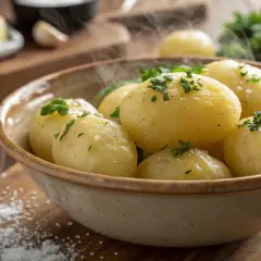 Dampfende Salzkartoffeln, frisch gekocht und mit Petersilie bestreut, warten in einer Schüssel auf Butter und Salz.