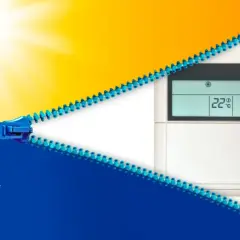 Un doigt appuie sur un thermostat affichant 22°C, symbolisant le contrôle du climat. Une fermeture éclair bleue sépare un soleil éclatant d'un paysage hivernal givré.