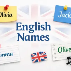 Olivia, Jack, Emma, Oliver – popularne angielskie imiona na tle flagi Wielkiej Brytanii.