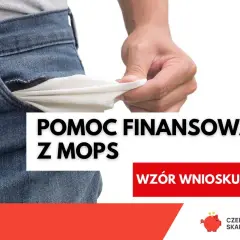 Pusta kieszeń dżinsów, symbolizująca brak środków, obok napisu "Pomoc finansowa z MOPS Stalowa Wola".
