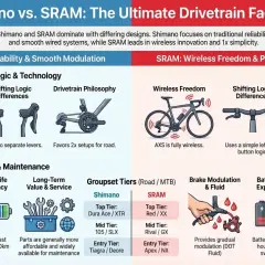 Shimano vs. SRAM: Wired reliability vs. wireless freedom. Infographic compares drivetrain features, logic, and tiers.