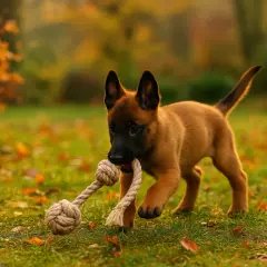 Un adorable bébé malinois court joyeusement dans l'herbe, tenant une corde à nœuds dans sa gueule. L'automne colore le fond.