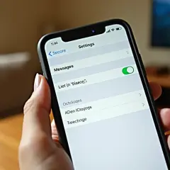 Na ekranie iPhone'a widać ustawienia, gdzie zielony przełącznik przy "Messages" oznacza, że iMessage jest włączony.