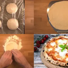 Fyra degbollar förbereds, en degplatta på en pizzaspade, händer formar deg och en färdig napolitansk pizza med tomater och basilika.