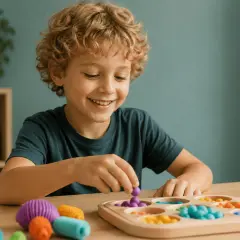 Lächelnder Junge mit Locken spielt konzentriert mit bunten Kugeln. Ein spielerischer Ansatz für den ADHS Unterricht, der Konzentration fördert.