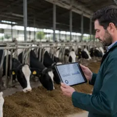 Uomo con tablet in una stalla di mucche, monitora dati zootecnici per ottimizzare la produzione.