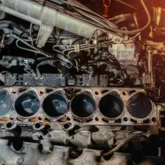 Motor de coche desarmado, mostrando los cilindros y la junta de culata. Una imagen útil para saber si un coche tiene culata dañada.