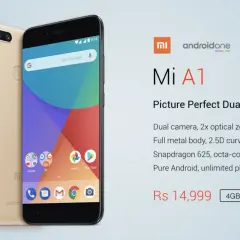 Trzy telefony Xiaomi Mi A1 w kolorach różowym, złotym i czarnym. Czarny model prezentuje ekran z ikonami.