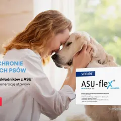 Kobieta tuli swojego psa, obok opakowanie suplementu ASU-flex, który dzięki dużej zawartości duphalyte wspiera stawy dużych psów.